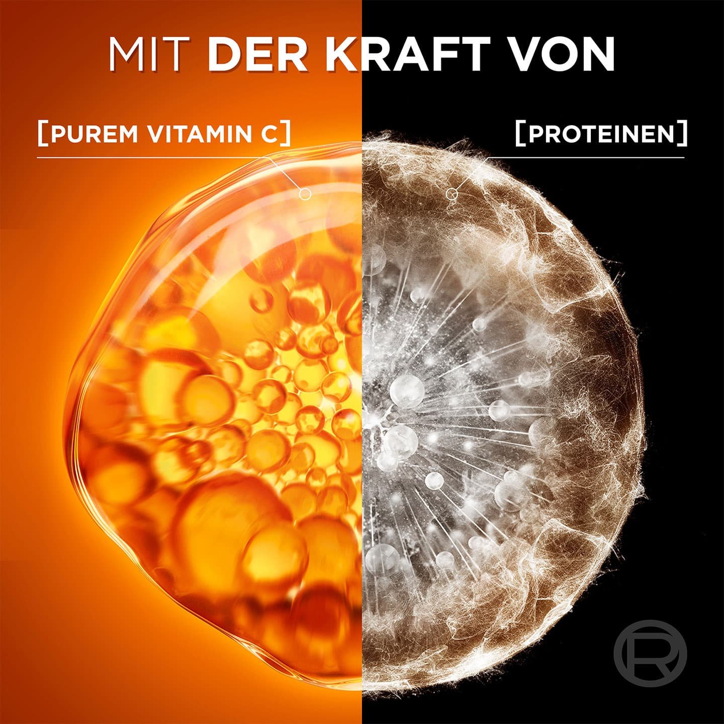 Text: Mit der Kraft von, darunter Detailansichten von purem Vitamin C & Proteinen